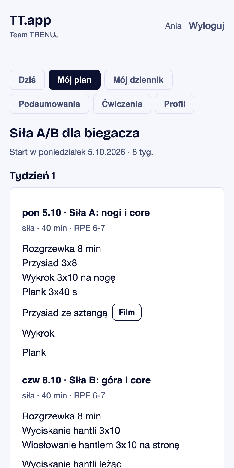 Ekran aplikacji TT.app na telefonie: plan pakietu Siła A/B z treningami na poniedziałek i czwartek, datami, czasem, RPE i listą ćwiczeń